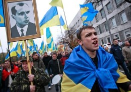 Kiev: Svoboda members march with picture of Ukrainian partisan and Third Reich ally Stepan Bandera