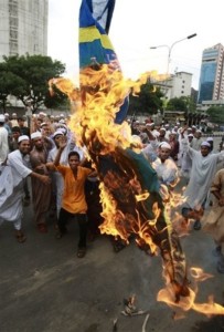 Muslim immigrants burn Swedish flag.
