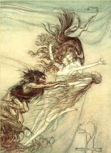 Arthur Rackham's painting of Alberich and the Rhine Maidens after Richard Wagner