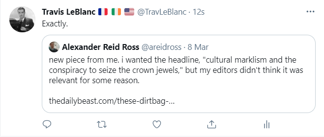 Travis LeBlanc, "Exactly." quote tweeting Alexander Reid Ross.